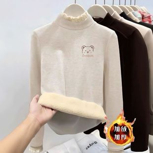 女童蕾丝花边半高领打底衫中大童冬季洋气内搭加绒加厚奥粒绒上衣