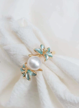 烧蓝精工工艺S925银花朵款天然淡水珍珠戒指 小众设计