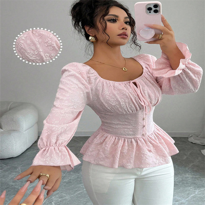 法式方领系带收腰泡泡袖上衣