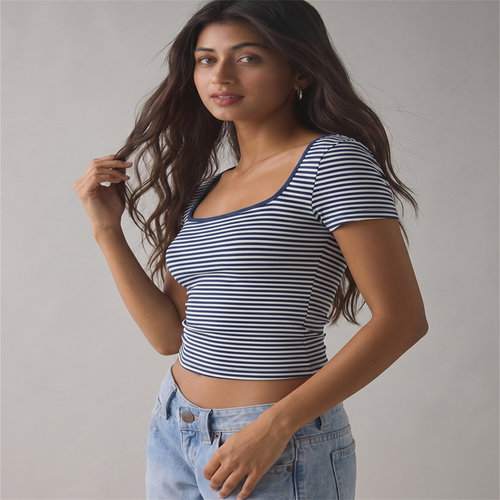 夏季条纹方领短袖修身croptop