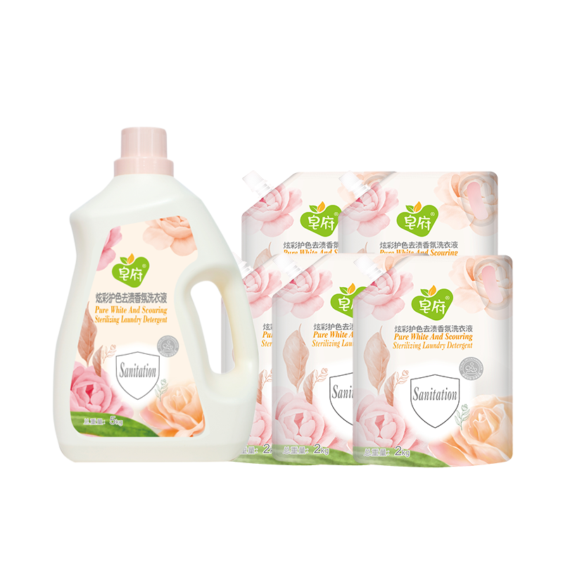 皂府炫彩护色去渍抑螨洗衣液5kg+2kg*5袋量贩装低泡婴儿持久留香