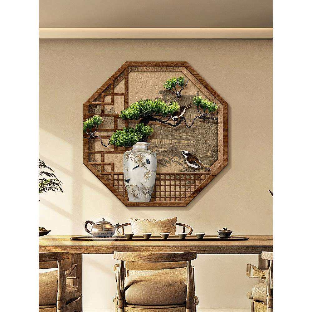 宋代美学迎客松茶室装饰画新中式花鸟玄关壁画灯八边形假窗户挂画