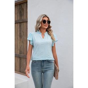 ruffled loose shirt neck solid flying color Casual