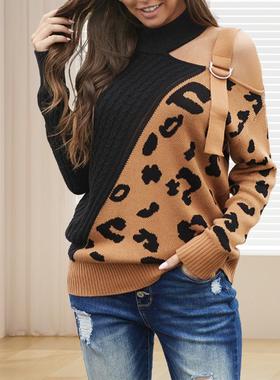 off-shoulder print patchwork womens buckled sweater sweater