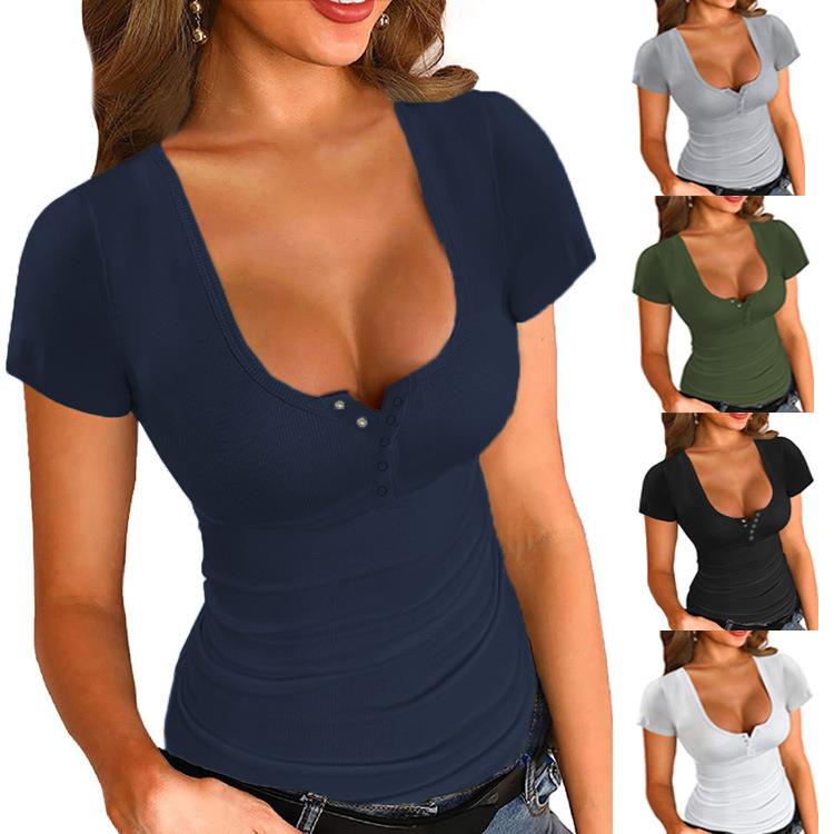 Pullover Sexy Solid T-shirt Short Top Color Womens Tight