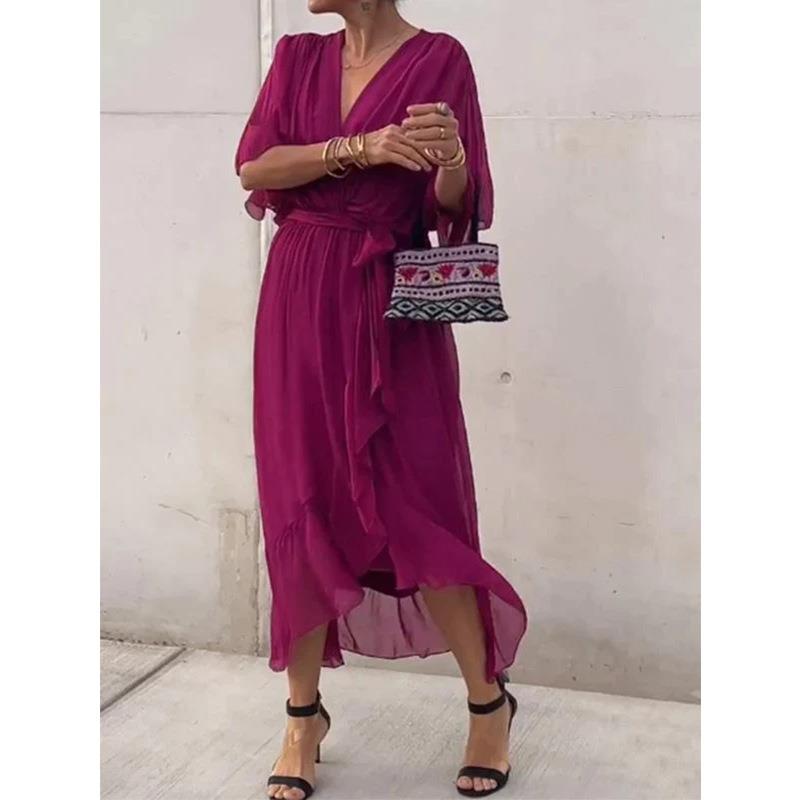 Womens solid color lace-up long skirt bat sleeve irregular
