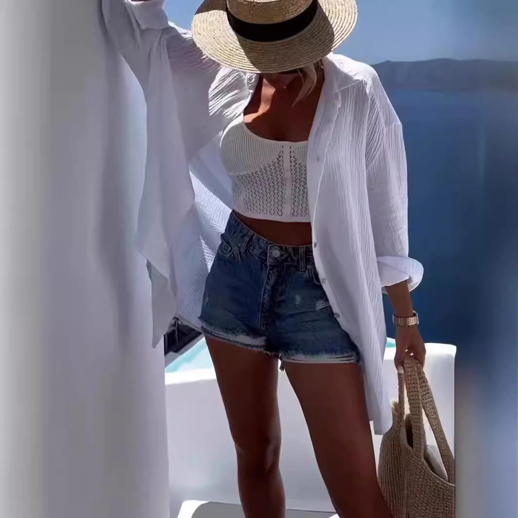 shirt womens versatile fashion casual wrinkle layer double
