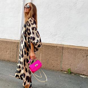 loose dress print Long leopard lantern neck sleeve