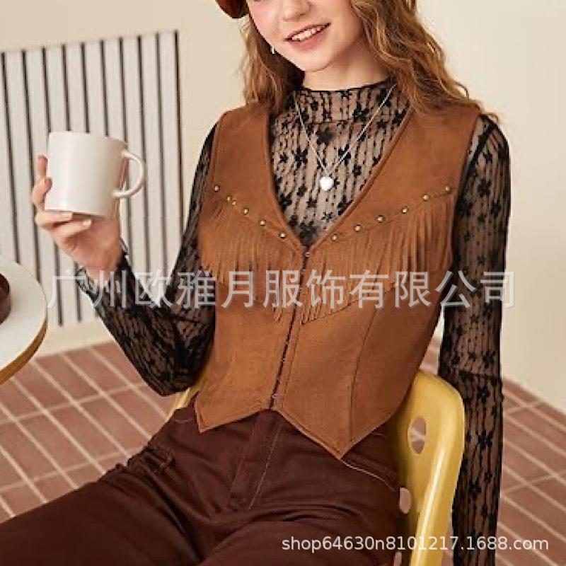 Tassel Jacket Womens Deerskin Buttonless Vest Jacket V-Neck