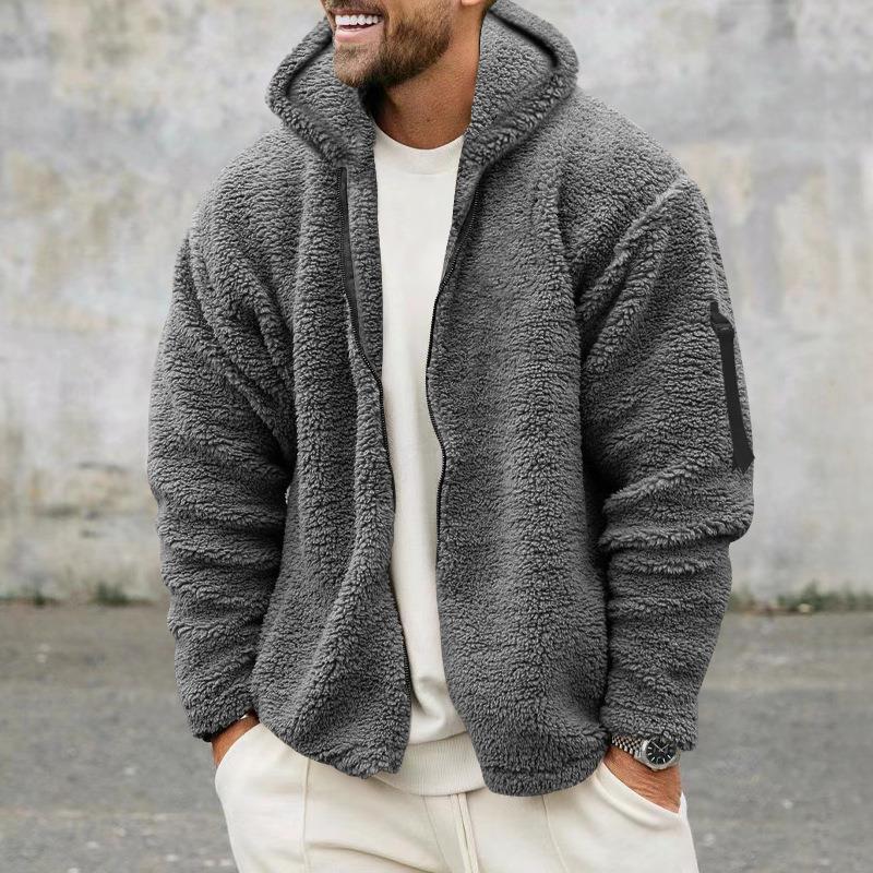 Mens Double-sided Arctic Fleece Warm Hooded Zipper Jacket