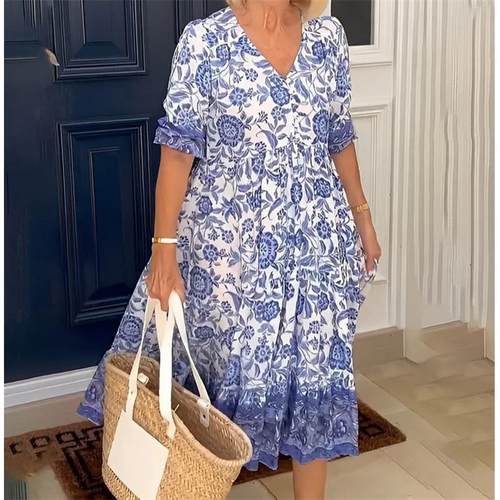 loose size floral skirt seaside beach V-neck long Large