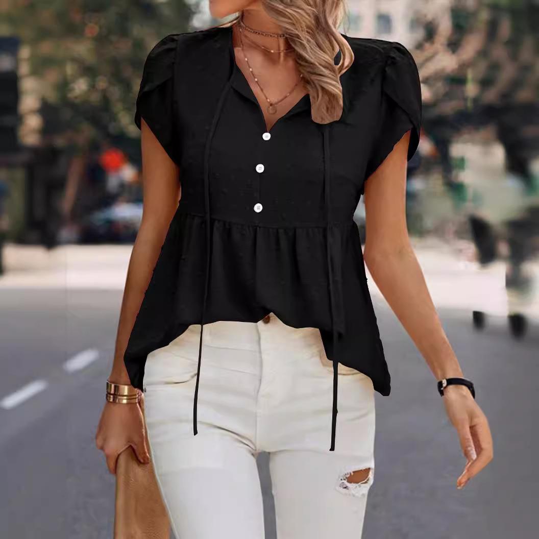 top women casual color V-neck short-sleeved for bubble