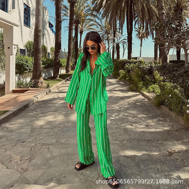 Pants Striped Suit Lapel Casual Womens Sleeve Shirt Womens