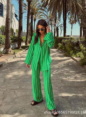 Pants Striped Suit Lapel Casual Womens Sleeve Shirt Womens