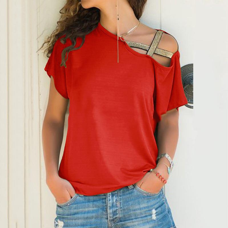 short oblique shoulder irregular T-shirt women cross Casual