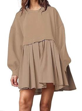 Dress Sweatshirt Pleated Flowy Pullover Sleeve Long Neck