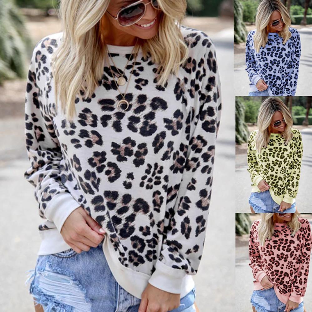 Leopard Print Women's T-Shirt Round Neck Long Sleeve