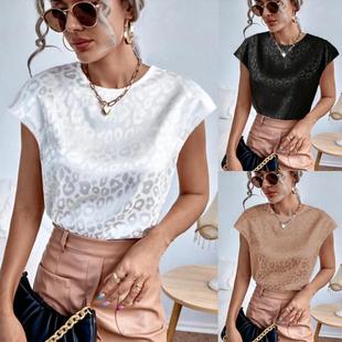 Tops Jacquard Womens Leopard Short Shirt Casual
