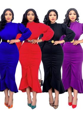 Long-sleeved elegant slim fishtail party dress light mature