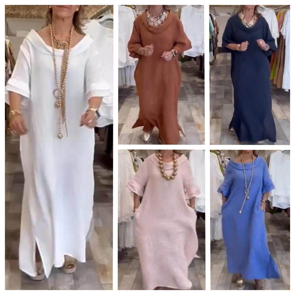 Cotton solid and color dress pockets linen slits summer