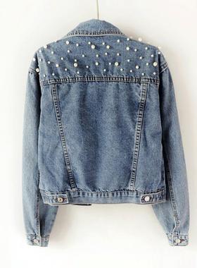 Beaded Denim Jacket Womens All-match Pearl Loose Casual