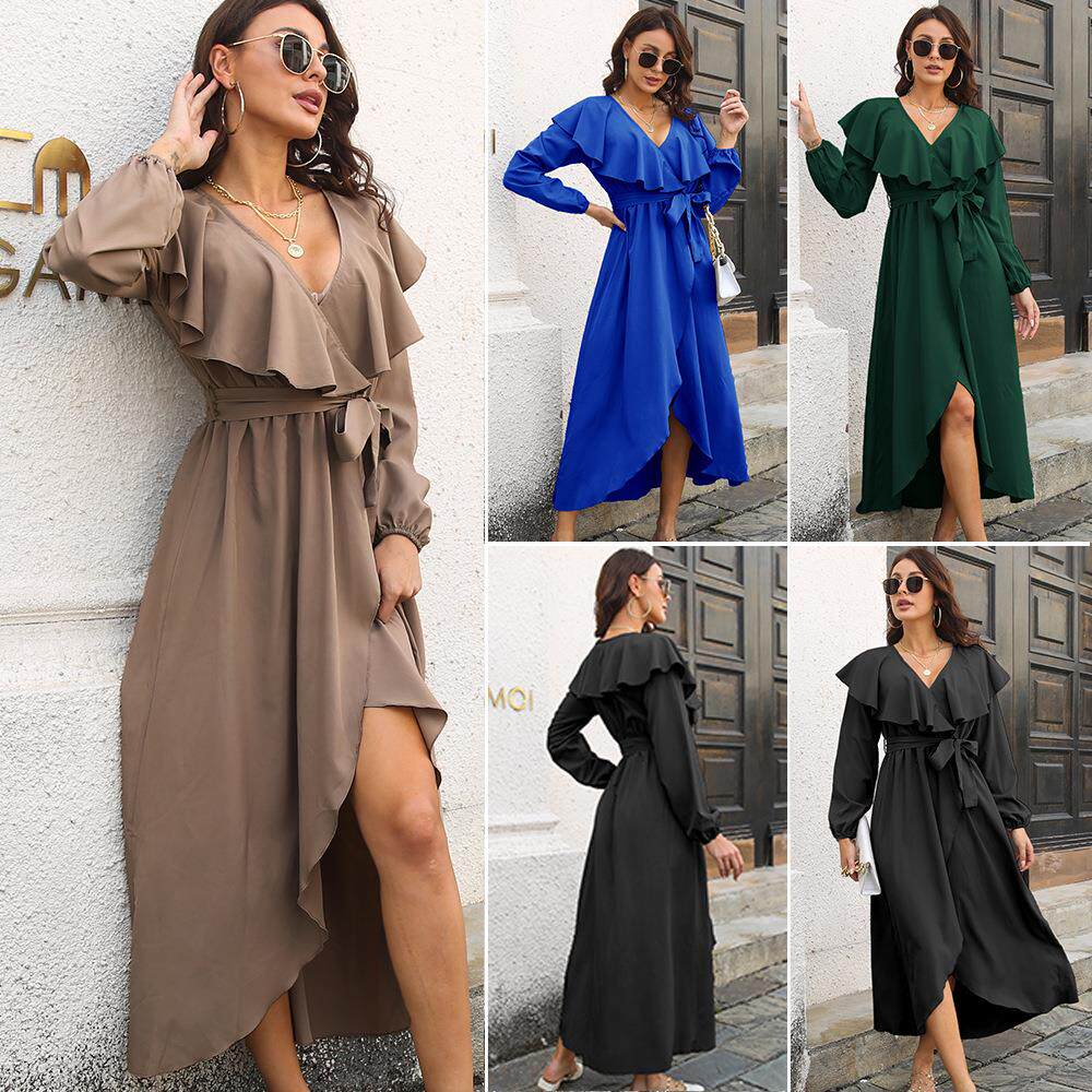 Ruffled with for and dress slits long long-sleeved women