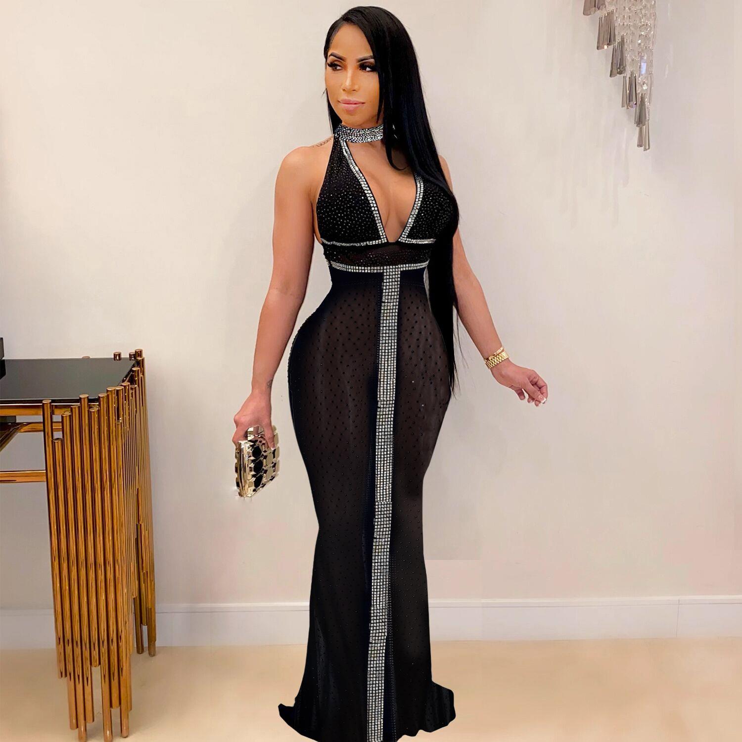Sexy hot see-through diamond dress halter neck slim