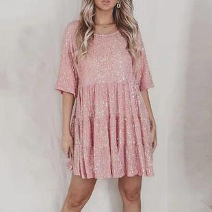 Dress Short Summer Round Dress Neck Sequin Fashion Loose