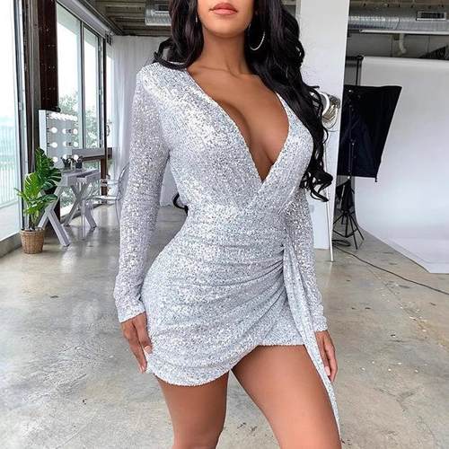 women long dress sparkle sequin pleated shiny sexy bodycon