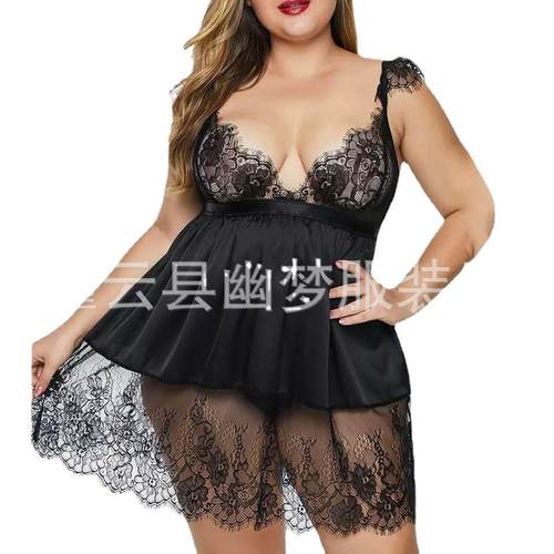 Fat Girls Sexy See-Through Lace Suspenders Pajamas Large