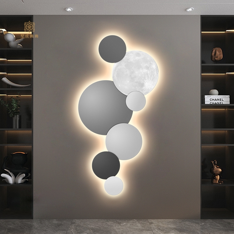 现货速发创意星球圆形装饰画挂画圆形灯画客厅走廊轻奢氛围发光壁图片
