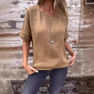 cotton neck length shirt linen Round and sleeve mid loose
