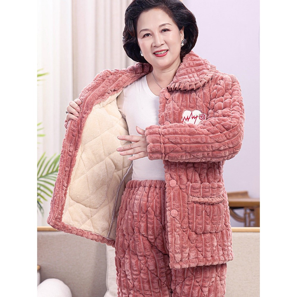 全棉纯棉秋冬季夹棉睡衣女士中老年人三层加厚中年妈妈珊瑚绒加绒,女士内衣/男士内衣/家居服,睡衣/家居服套装,淘宝优惠券,粉丝福利购,淘宝优惠卷
