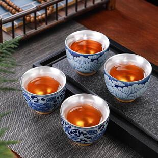 品茗杯茶碗礼盒套组 鎏银青花瓷功夫茶杯单杯999银陶瓷主人杯套装