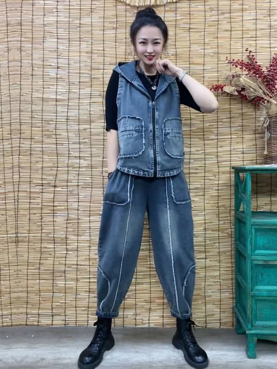 2024夏季新款牛仔两件套时尚减龄百搭连帽马甲宽松休闲哈伦裤套装,女装/女士精品,时尚套装,淘宝优惠券,粉丝福利购,淘宝优惠卷