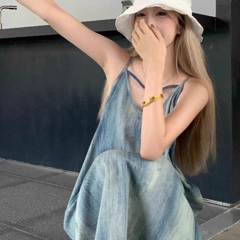 美式复古叠穿吊带背心连衣裙子女春夏季宽松海边高级感沙滩长裙子
