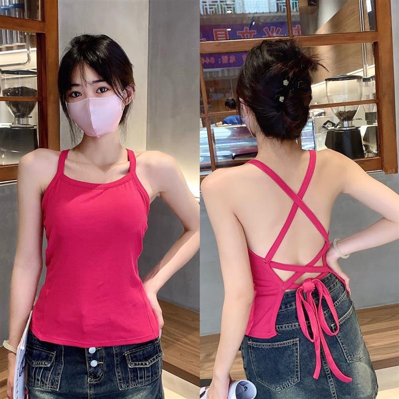 甜辣风设计感交叉绑带绿色吊带背心女夏季新款露背外穿美背小上衣