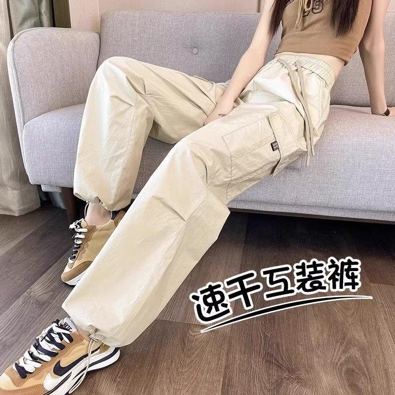 2025年工装裤女夏季薄款大码胖MM休闲直筒阔腿裤美式潮流运动裤子