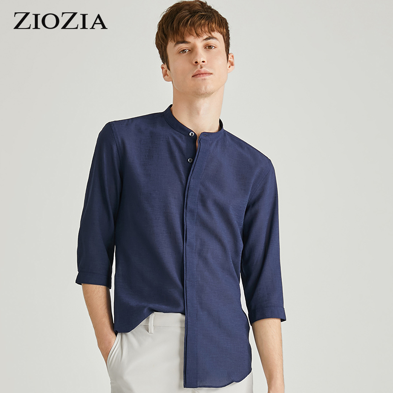 亨利领7分袖休闲衬衫，简洁的隐藏纽扣