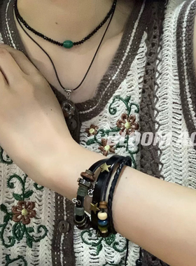 复古民族风星星珠子真皮编织手绳手链女情侣礼物可调节手环手饰品