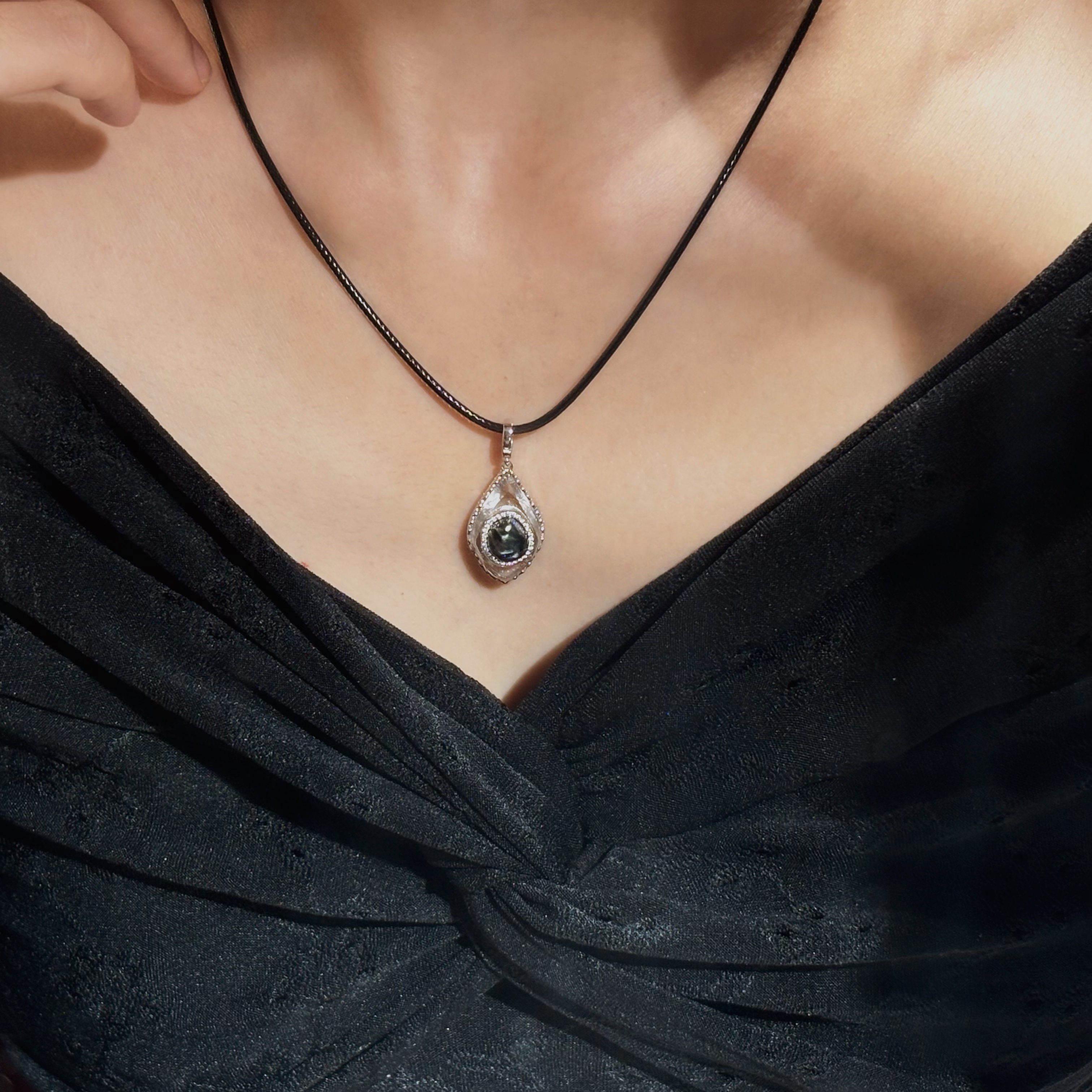 原矿白水晶镶天然无核海水keshi大溪地黑珍珠S925纯银万能扣吊坠