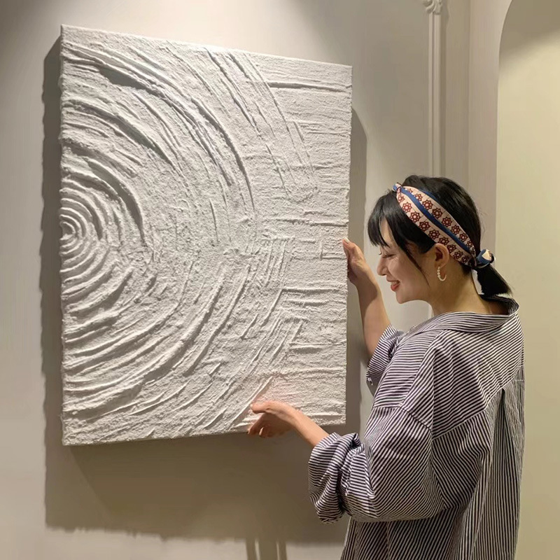 纯手绘立体丙烯肌理画油画石英砂石膏挂画玄关侘寂风赤贫现代白色图片