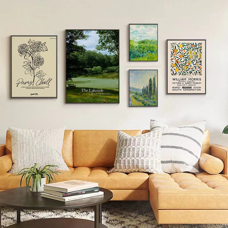 中古客厅装饰画绿色摄影风景小众组合挂画美式复古沙发背景墙壁画