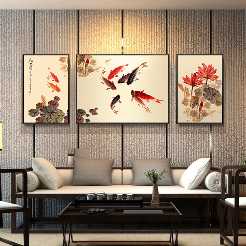 客厅装饰画沙发背景墙三联画九鱼图墙画中国风水墨山水画招财挂画