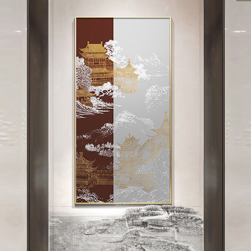 新中式风景玄关装饰画水墨画竖款客厅沙发背景墙挂画软装茶室壁画