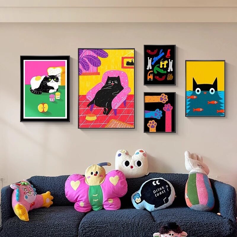多巴胺沙发背景墙挂画客厅装饰画组合挂画五联趣味感卡通ins高级