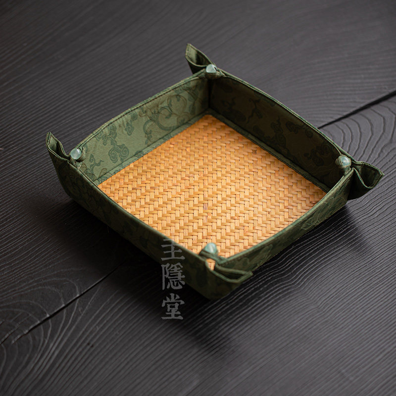 圭隐堂手工竹编缎面果盘家用客厅茶几干果盘茶点盘功夫茶具收纳盘