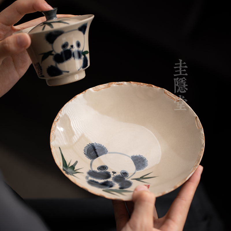 圭隐堂草木灰手绘熊猫陶瓷壶承釉下彩家用茶壶盖碗茶托盘干泡台