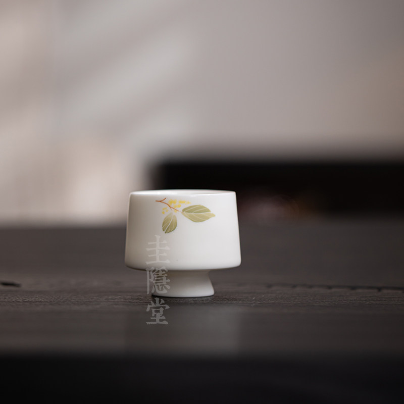 圭隐堂手绘桂花釉下彩茶杯羊脂玉白瓷家用女士主人杯品茗杯闻香杯