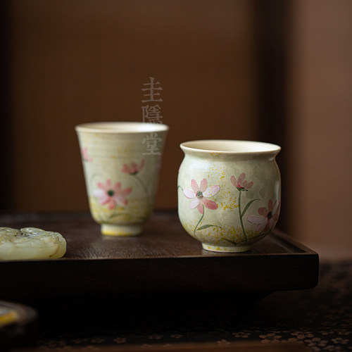 圭隐堂手绘格桑花粉引陶瓷茶杯